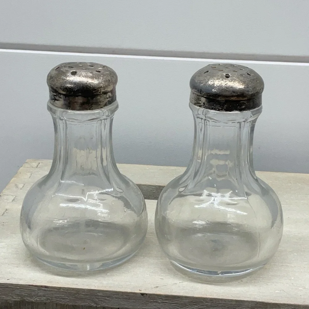 Vintage Ribbed Glass Salt and Pepper Shakers Set with Metal Lids 3.25 Inch
